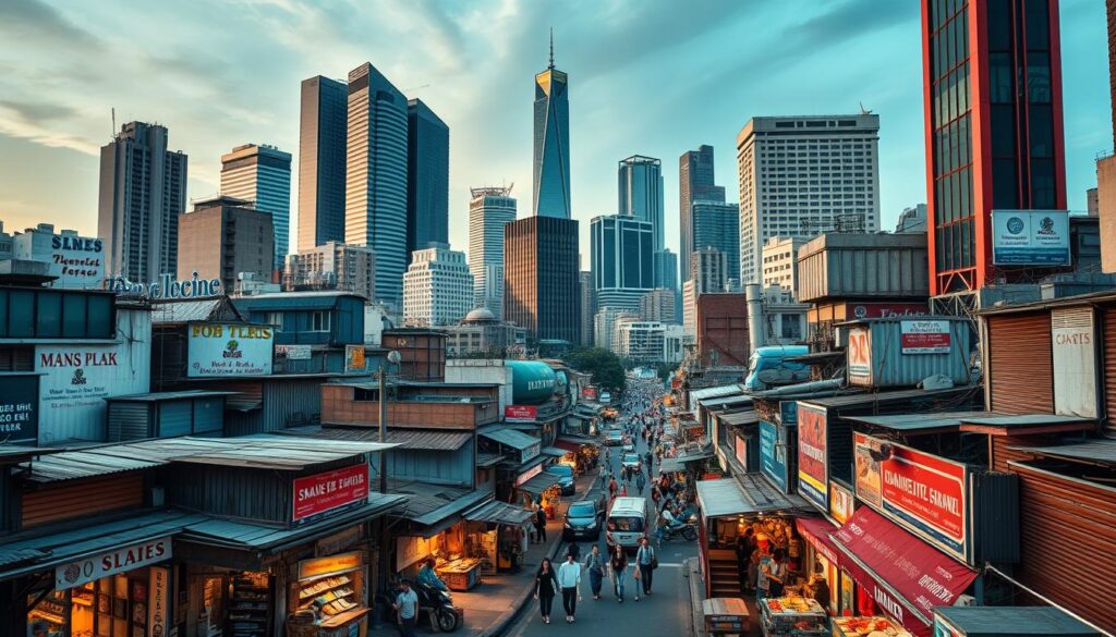 A bustling urban landscape, where small and medium-sized enterprises (SMEs) navigate the ever-changing marketplace. In the foreground, a diverse array of storefronts and workshops, each reflecting the unique character and offerings of the local businesses. The middle ground showcases the hustle and bustle of the city streets, with pedestrians and vehicles weaving through the dynamic scene. In the background, towering skyscrapers and commercial centers loom, symbolizing the formidable presence of larger corporations and the challenges SMEs face in the modern market. The lighting is a harmonious blend of warm, natural tones and cool, artificial illumination, creating a sense of balance and coexistence. The composition aims to capture the resilience, adaptability, and entrepreneurial spirit of SMEs as they strive to carve out their niche in the crowded urban landscape. A bustling urban landscape, where small and medium-sized enterprises (SMEs) navigate the ever-changing marketplace. In the foreground, a diverse array of storefronts and workshops, each reflecting the unique character and offerings of the local businesses. The middle ground showcases the hustle and bustle of the city streets, with pedestrians and vehicles weaving through the dynamic scene. In the background, towering skyscrapers and commercial centers loom, symbolizing the formidable presence of larger corporations and the challenges SMEs face in the modern market. The lighting is a harmonious blend of warm, natural tones and cool, artificial illumination, creating a sense of balance and coexistence. The composition aims to capture the resilience, adaptability, and entrepreneurial spirit of SMEs as they strive to carve out their niche in the crowded urban landscape.