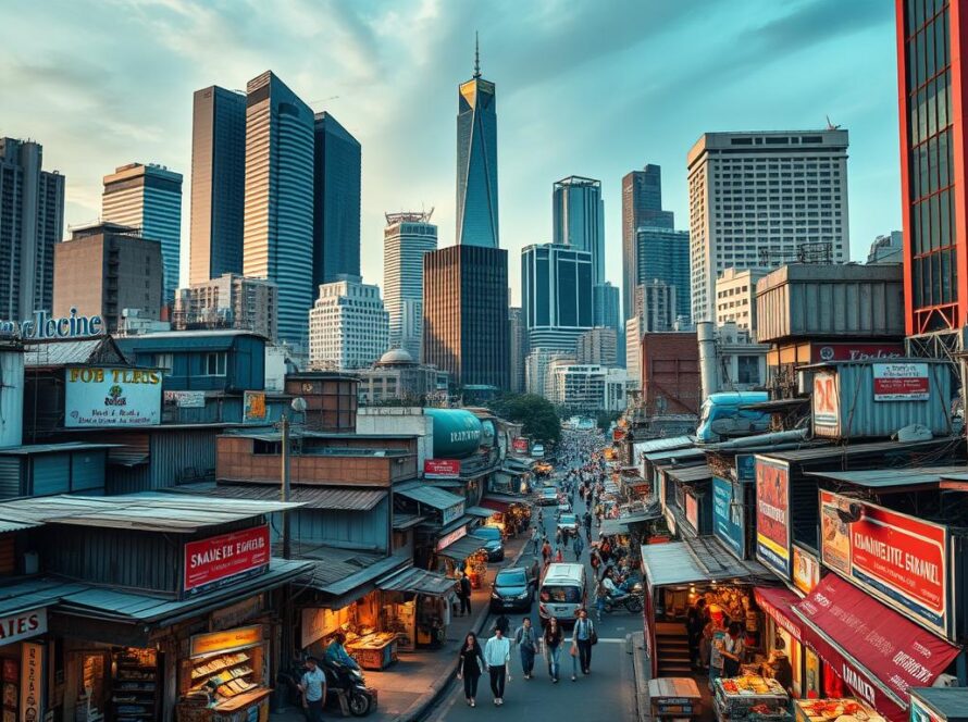 A bustling urban landscape, where small and medium-sized enterprises (SMEs) navigate the ever-changing marketplace. In the foreground, a diverse array of storefronts and workshops, each reflecting the unique character and offerings of the local businesses. The middle ground showcases the hustle and bustle of the city streets, with pedestrians and vehicles weaving through the dynamic scene. In the background, towering skyscrapers and commercial centers loom, symbolizing the formidable presence of larger corporations and the challenges SMEs face in the modern market. The lighting is a harmonious blend of warm, natural tones and cool, artificial illumination, creating a sense of balance and coexistence. The composition aims to capture the resilience, adaptability, and entrepreneurial spirit of SMEs as they strive to carve out their niche in the crowded urban landscape.