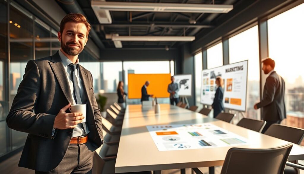 A modern corporate office interior with large windows overlooking a bustling city skyline. In the foreground, a small business owner stands confidently, dressed in a well-tailored suit, holding a mug of coffee. Behind them, a team of employees collaborates at a long conference table, discussing marketing strategies and branding concepts displayed on a large digital whiteboard. Soft, indirect lighting emanates from sleek fixtures, creating a professional yet innovative atmosphere. The color palette features a mix of warm neutrals and pops of the company's primary brand color, reinforcing the sense of a thriving, well-established business. An air of success and growth permeates the scene, capturing the benefits of successful brand-building for small and medium enterprises. A modern corporate office interior with large windows overlooking a bustling city skyline. In the foreground, a small business owner stands confidently, dressed in a well-tailored suit, holding a mug of coffee. Behind them, a team of employees collaborates at a long conference table, discussing marketing strategies and branding concepts displayed on a large digital whiteboard. Soft, indirect lighting emanates from sleek fixtures, creating a professional yet innovative atmosphere. The color palette features a mix of warm neutrals and pops of the company's primary brand color, reinforcing the sense of a thriving, well-established business. An air of success and growth permeates the scene, capturing the benefits of successful brand-building for small and medium enterprises.